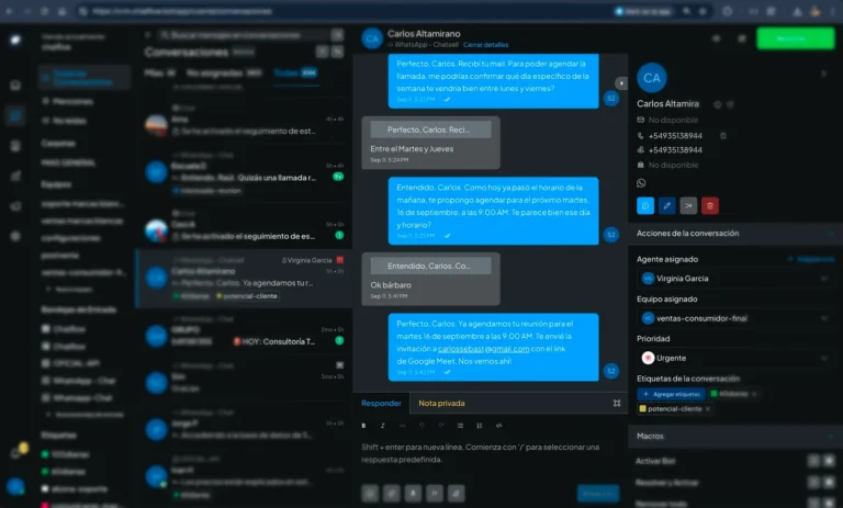 Vista de las conversaciones con tus clientes, donde además podrás etiquetar y crear notas privadas
